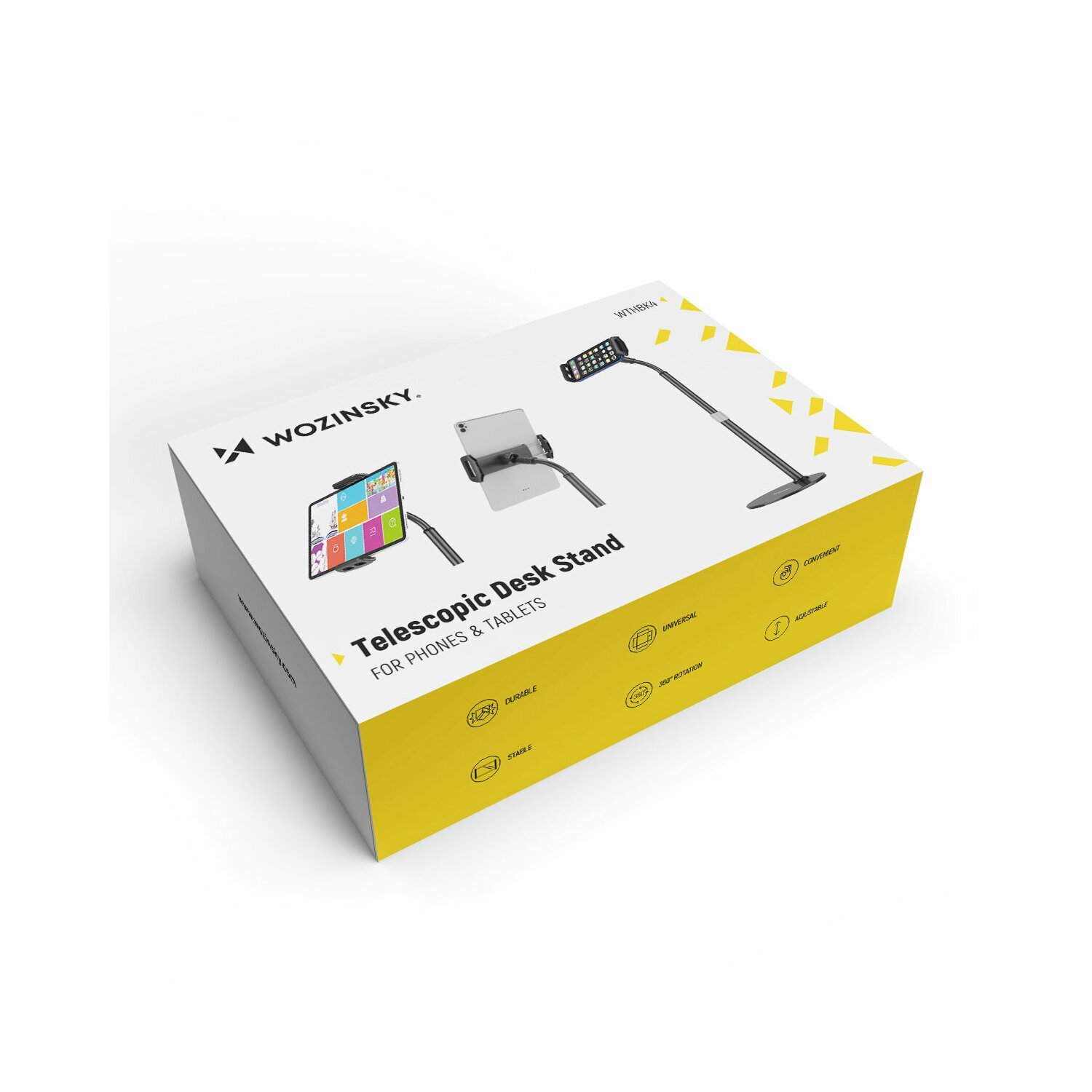 Teleskop-Schreibtischständer-Box. Sie zeigt einen Ständer für Telefone und Tablets mit Funktionen wie höhenverstellbar.