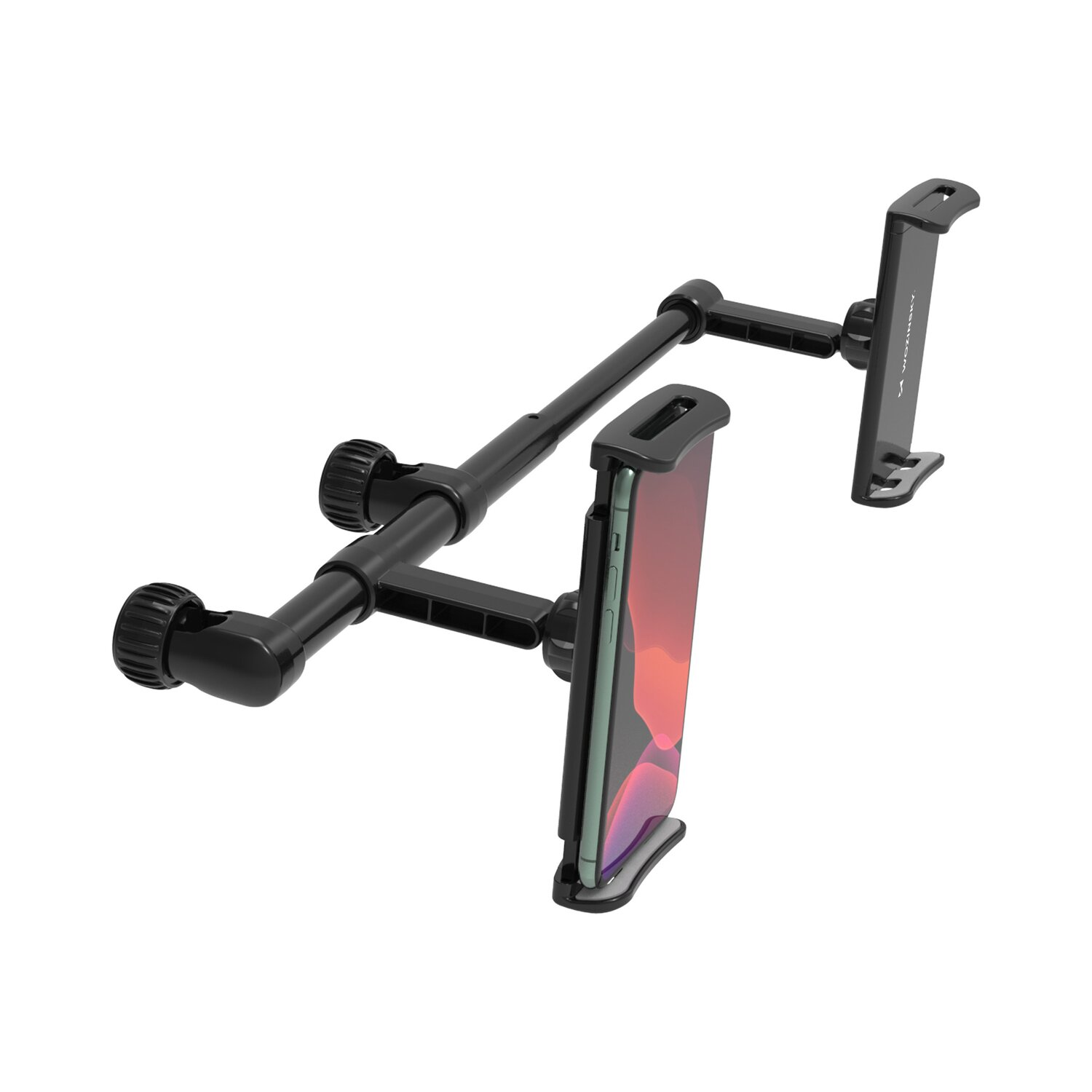 Schwarzer Telefonhalter mit Telefon. Der Halter ist auf einer weißen Oberfläche montiert.
