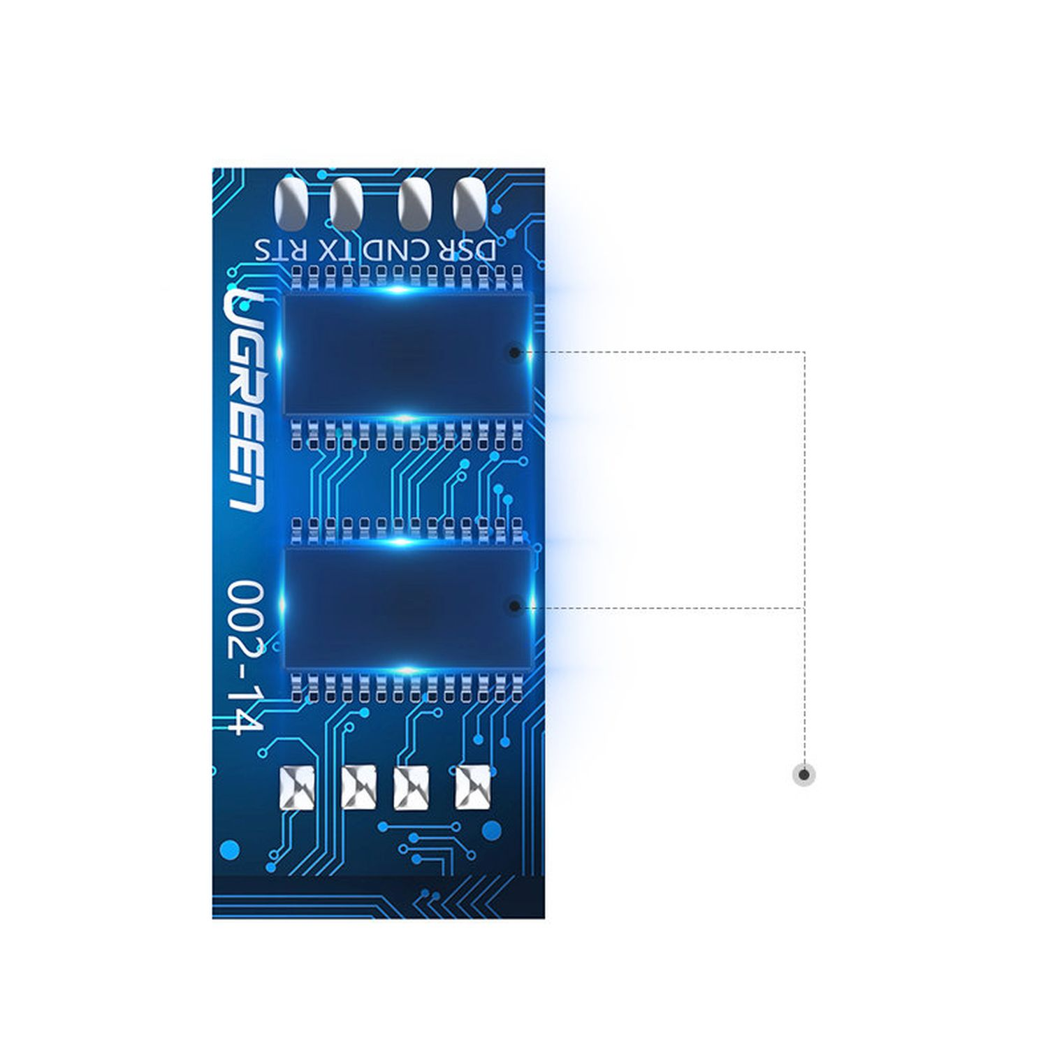 Blaue Platine mit drei Chips und verschiedenen Anschlüssen. UGREEN-Logo und anderer Text sind sichtbar.