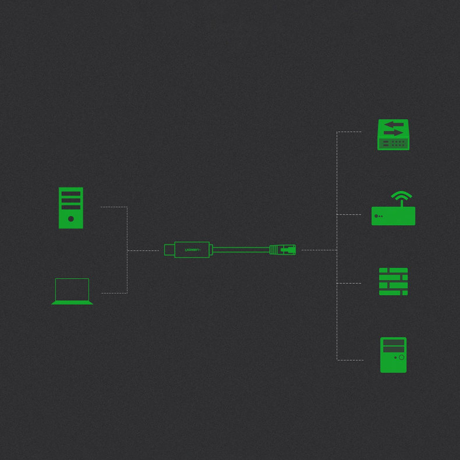 Diagramm, das ein Netzwerk-Setup illustriert, mit Laptop, Kabel und verschiedenen Netzwerkgeräten.
