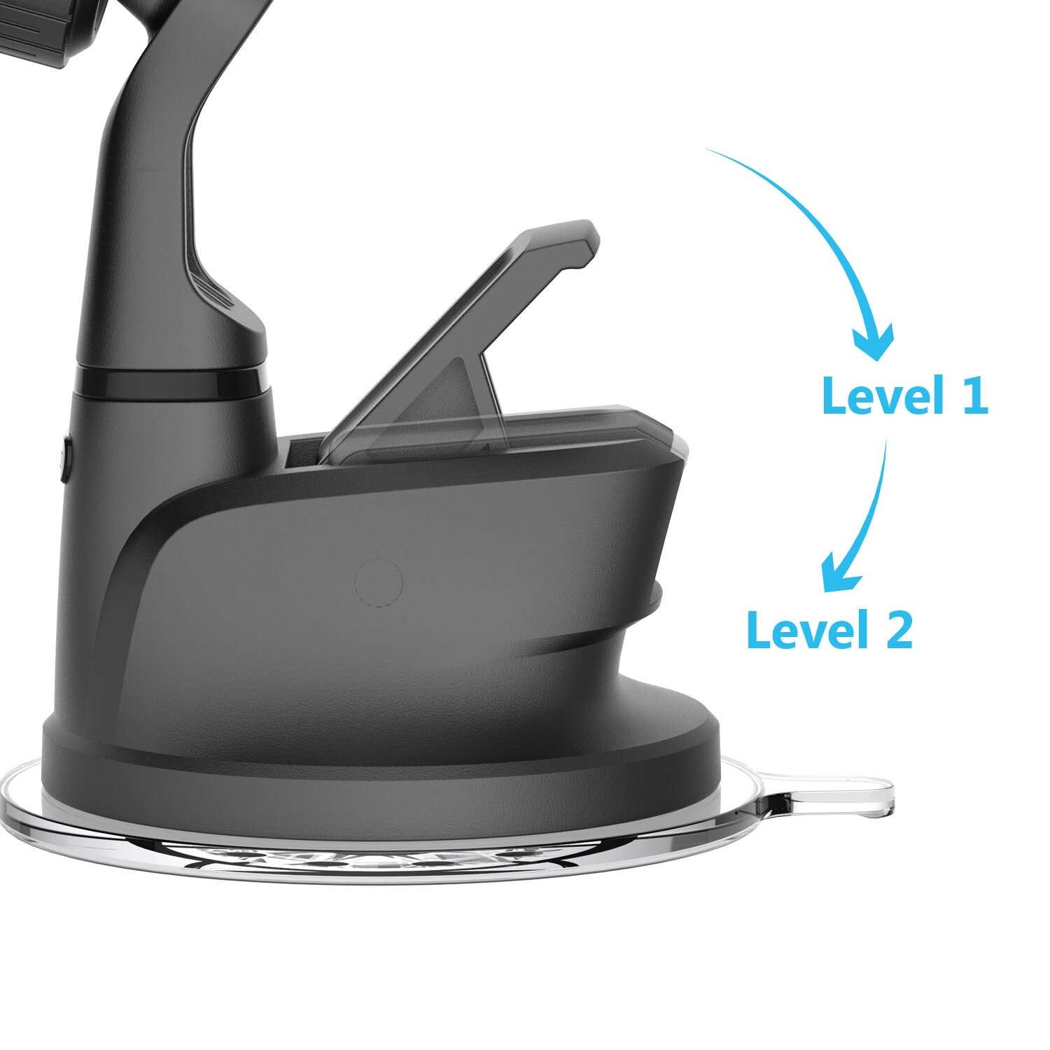 Autohalterung mit zwei Optionen, beschriftet mit 'Level 1' und 'Level 2', durch Pfeile angezeigt.
