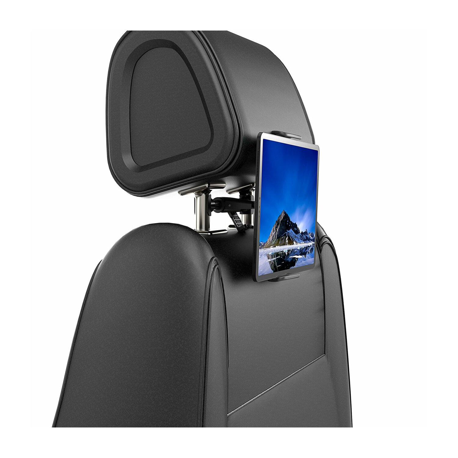 Ein Tablet an einer Kopfstütze im Auto befestigt, zeigt eine malerische Berglandschaft.