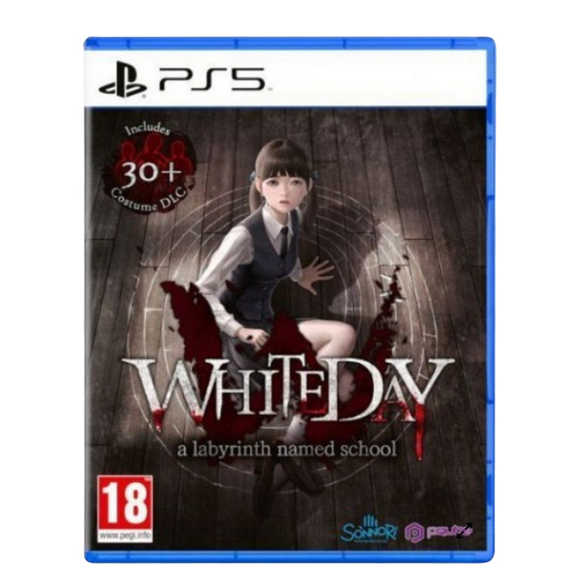 Una portada de juego de PS5, una chica con vestido blanco arrodillada en suelo de madera con sangre.