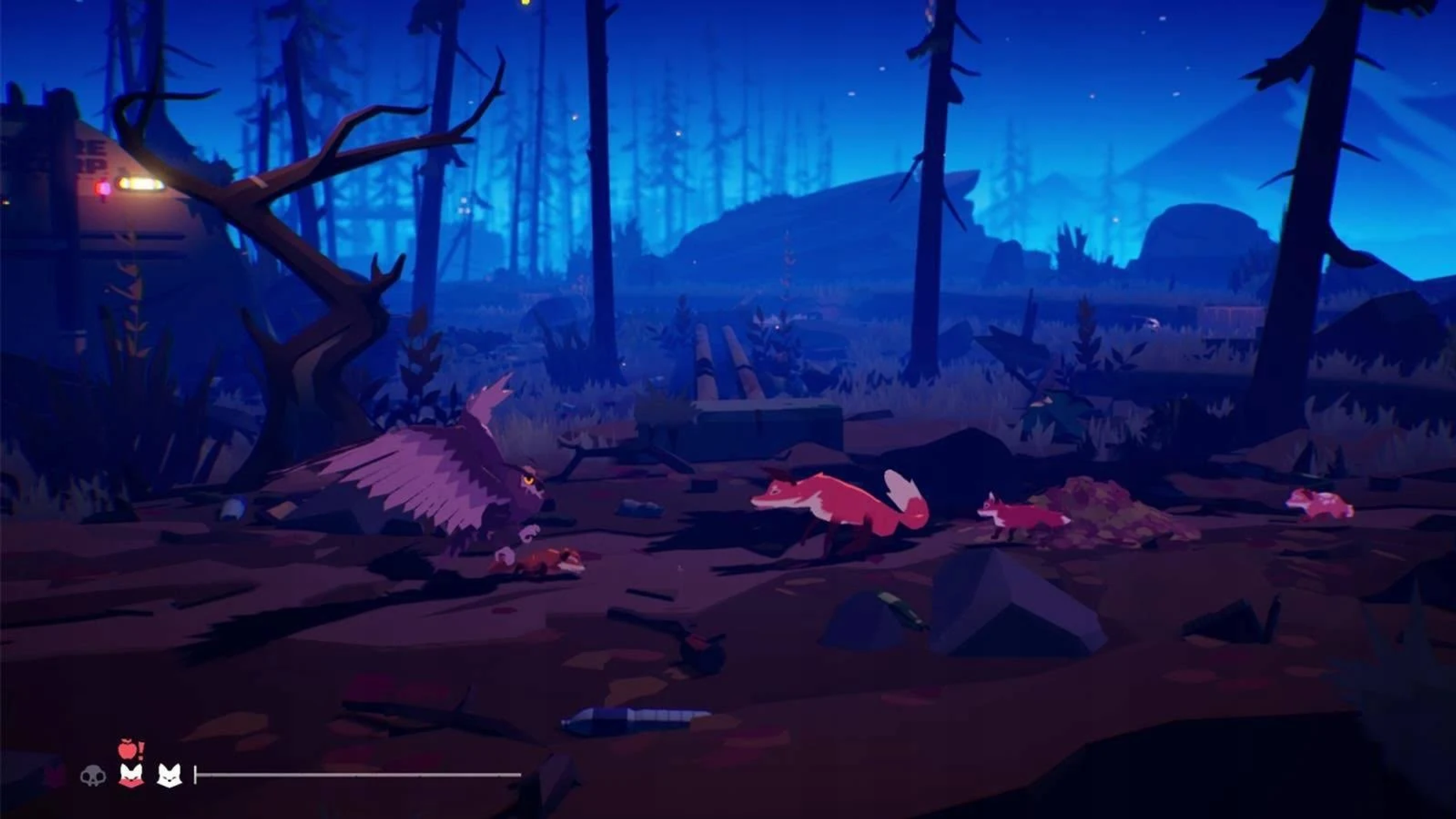 Scena artystyczna low-poly w nocy z lisami, ptakiem i drzewami. Niebo jest niebieskie.