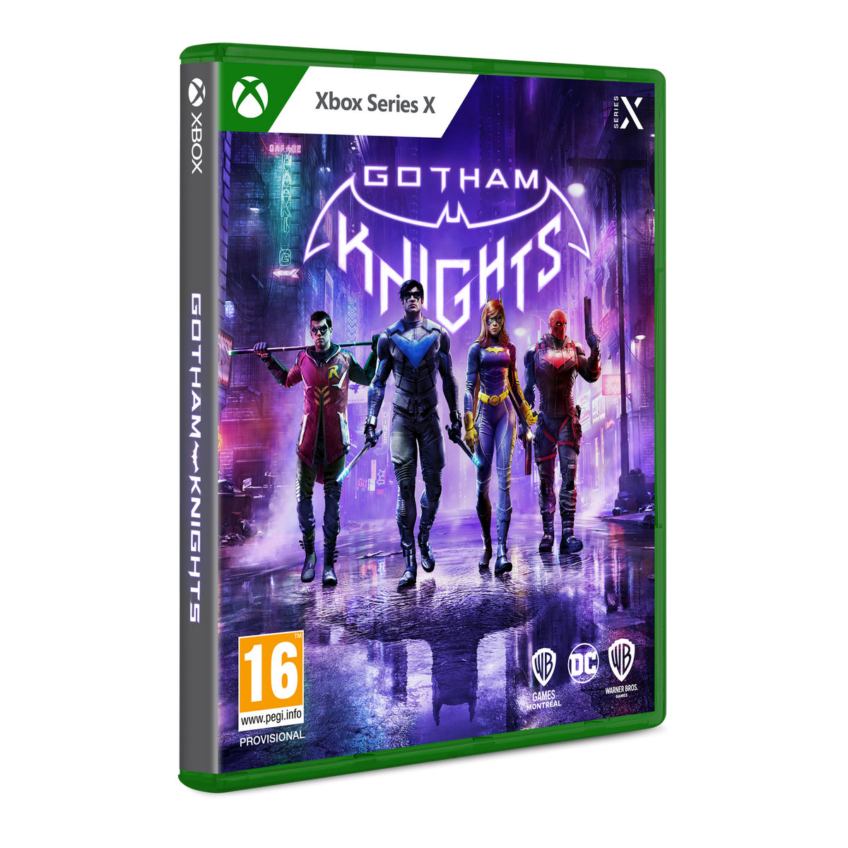 Caja de juego Xbox Series X con cuatro personajes. Fondo blanco. Nombre del juego: Gotham Knights.