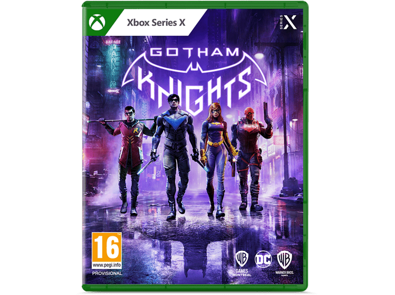 Portada del juego Xbox Series X que muestra Gotham Knights. Cuatro personajes en una calle mojada.
