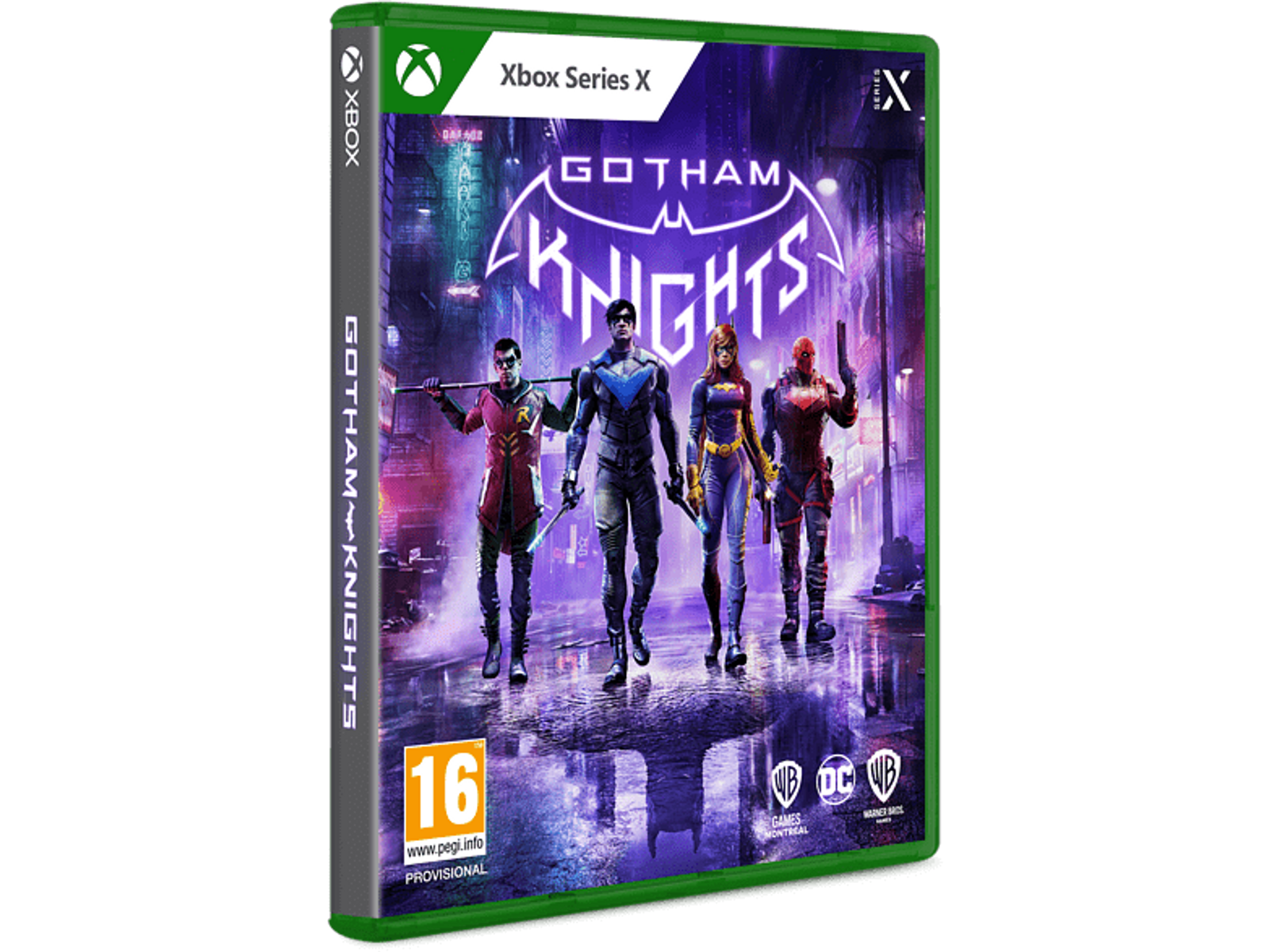 Arte de la caja del videojuego "Gotham Knights", con cuatro personajes en una ciudad nocturna.