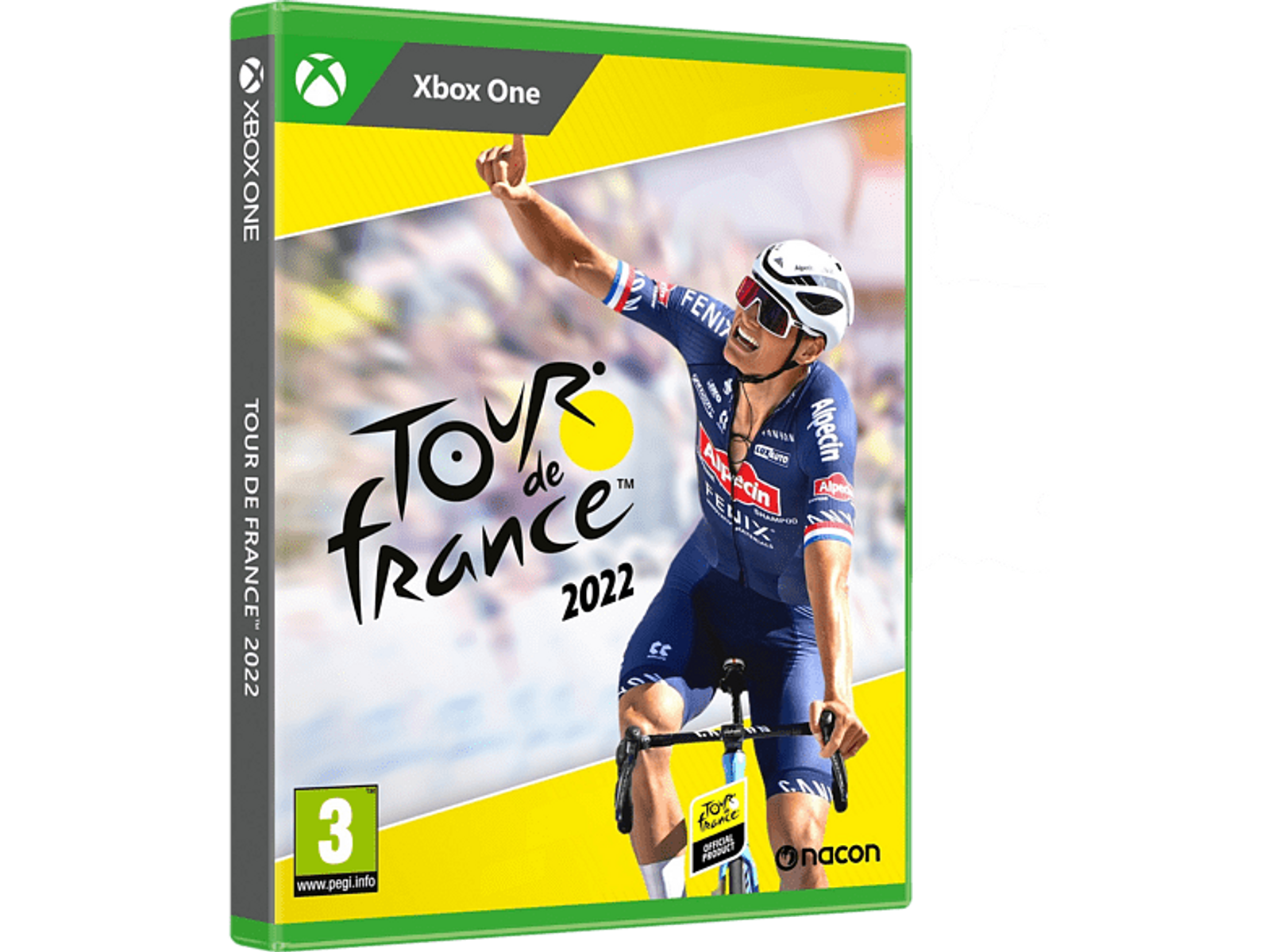 Pudełko gry Xbox One Tour de France 2022, obraz kolarza, zielono-białe pudełko.