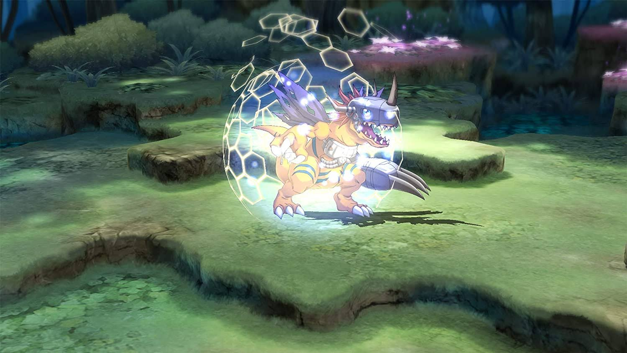 Personaggio Digimon in azione, circondato da uno scudo luminoso, in un ambiente forestale.