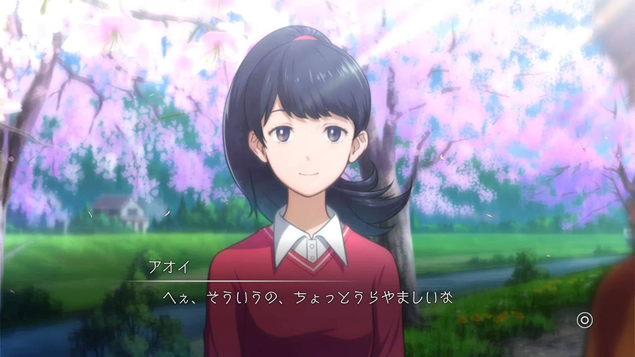 Ragazza anime in maglione rosso, sorridente. Fiori di ciliegio rosa. Caselle di testo giapponesi.