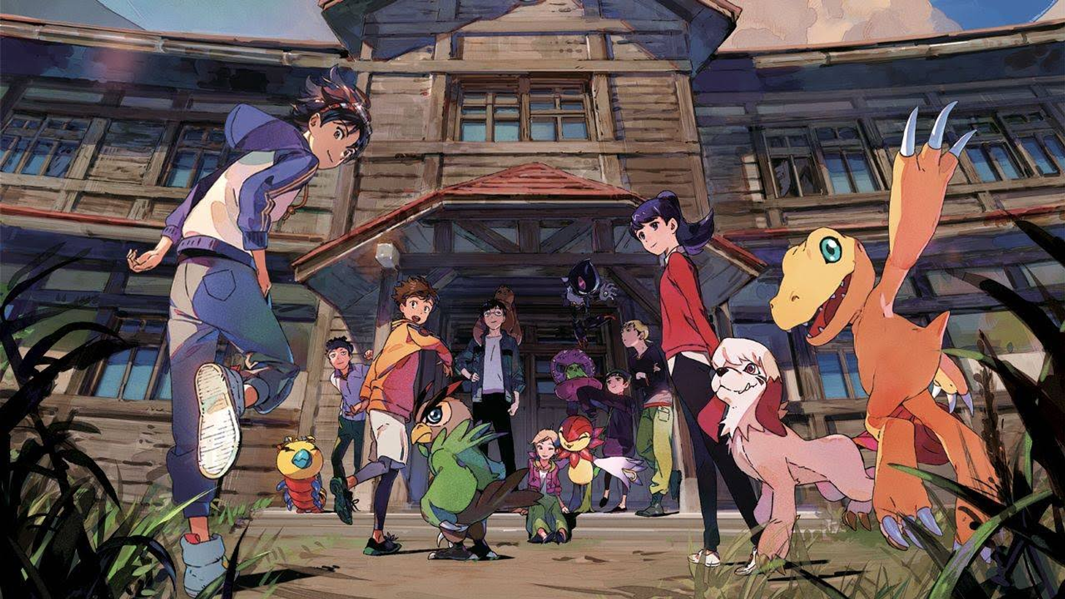 Immagine animata di un gruppo di personaggi Digimon e bambini di fronte a un edificio.