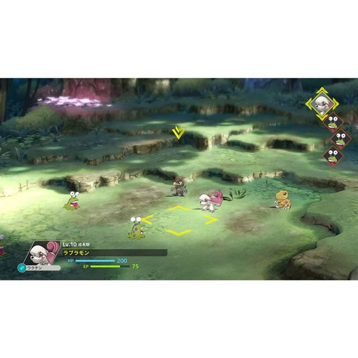Uno screenshot di un videogioco con personaggi dei cartoni animati in un paesaggio con erba verde.