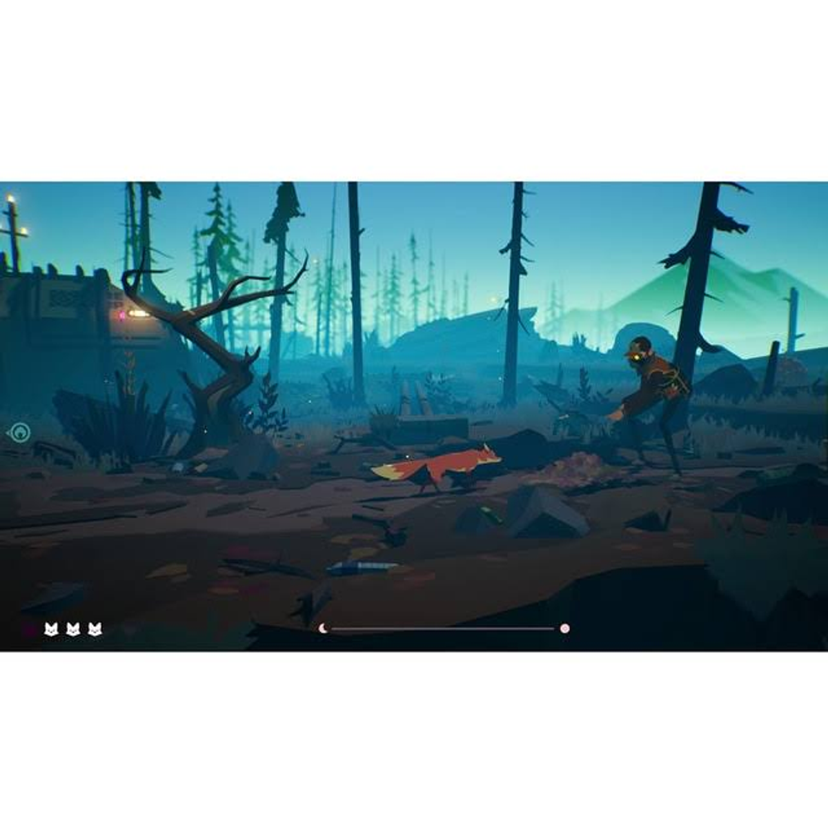 Scena di videogioco: Personaggio in una foresta con una volpe, grafica stilizzata.