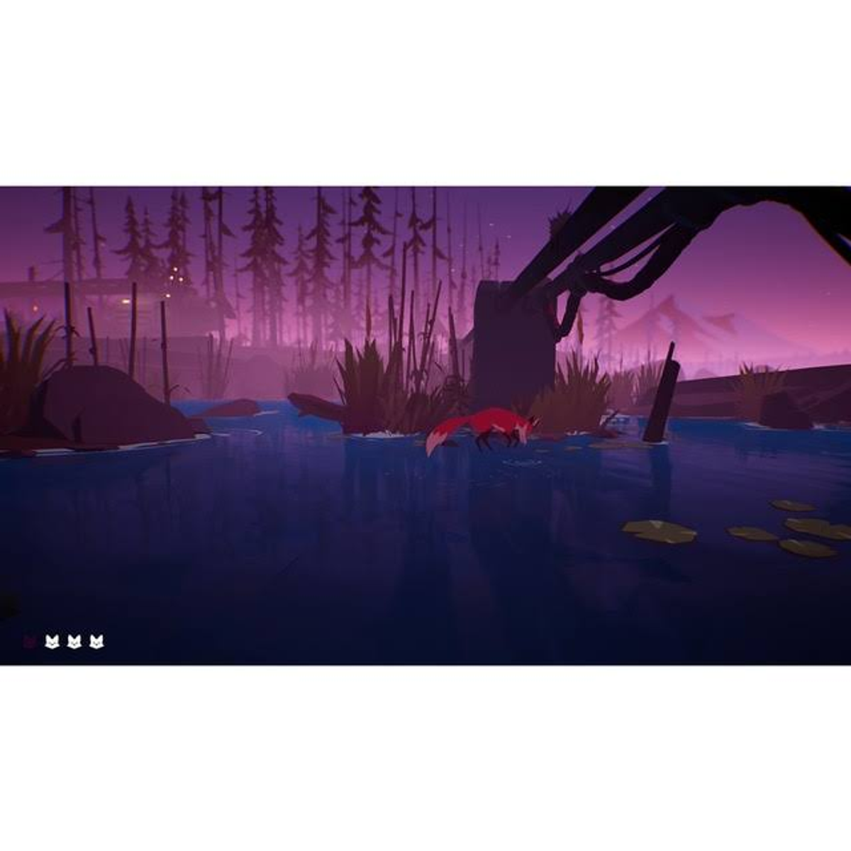 Una volpe rossa nuota in un lago viola con alberi sullo sfondo. Scena notturna.