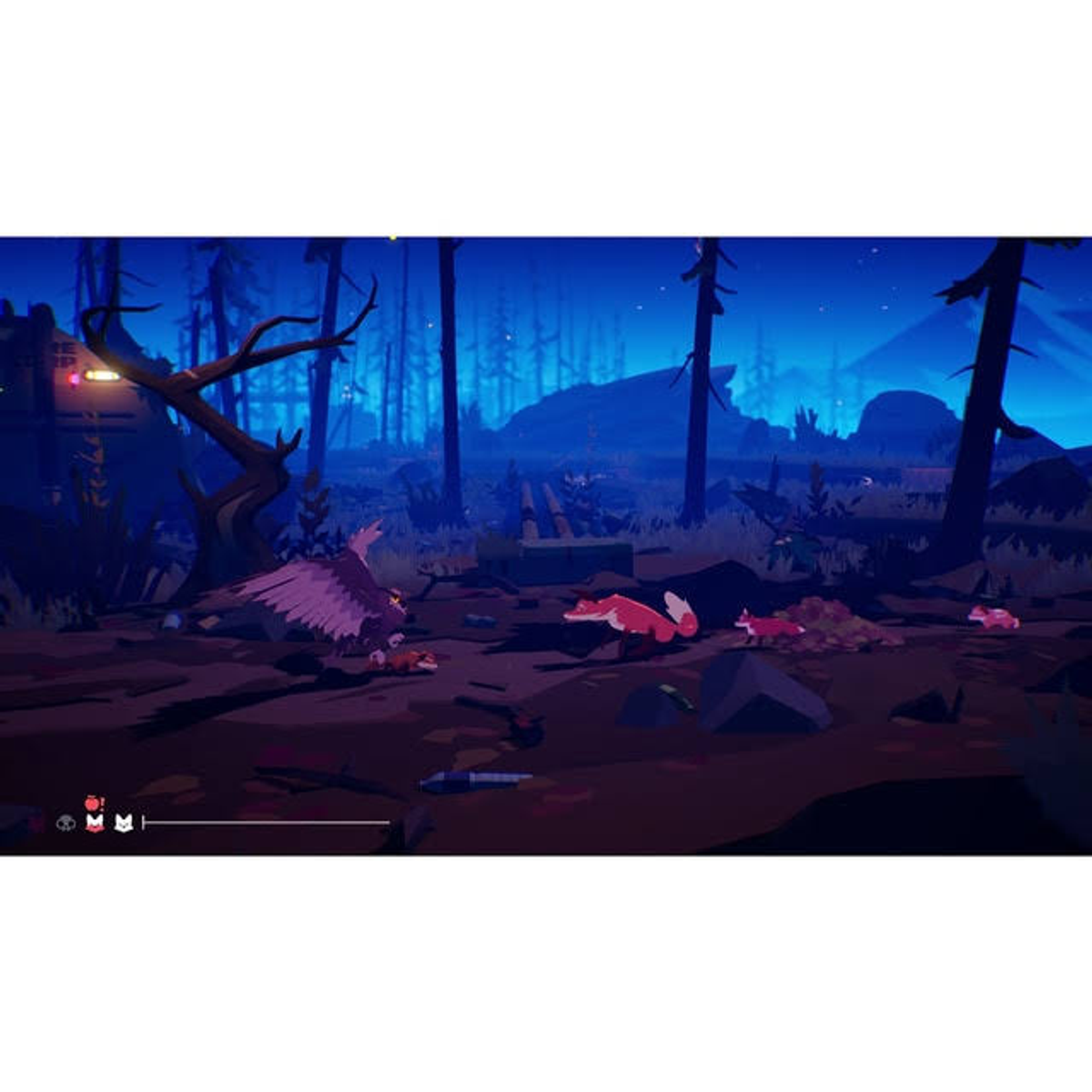 Volpi in una foresta con uccello ferito, ambientazione oscura, tonalità blu.