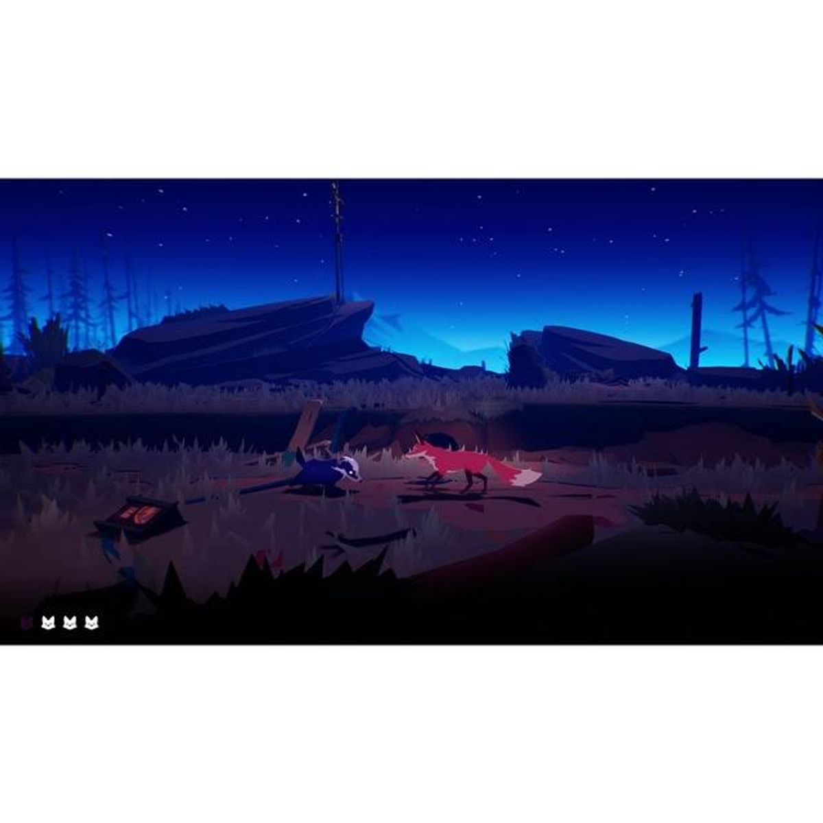 Arte di gioco stilizzata: una volpe e una creatura di notte, in un'area erbosa con cielo blu.
