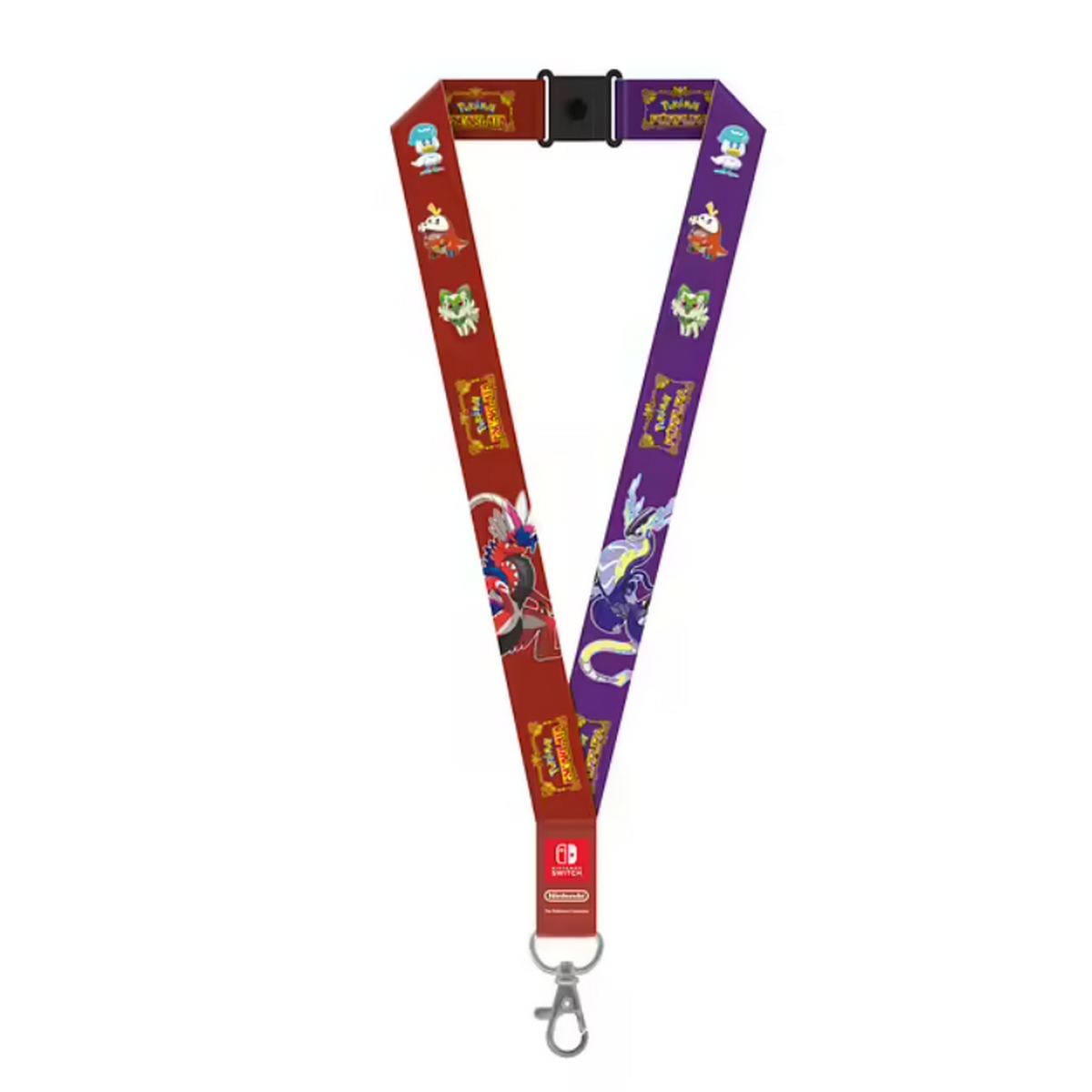 Czerwona i fioletowa smycz z motywem Pokemon, postaciami z gier i czarnym zapięciem.