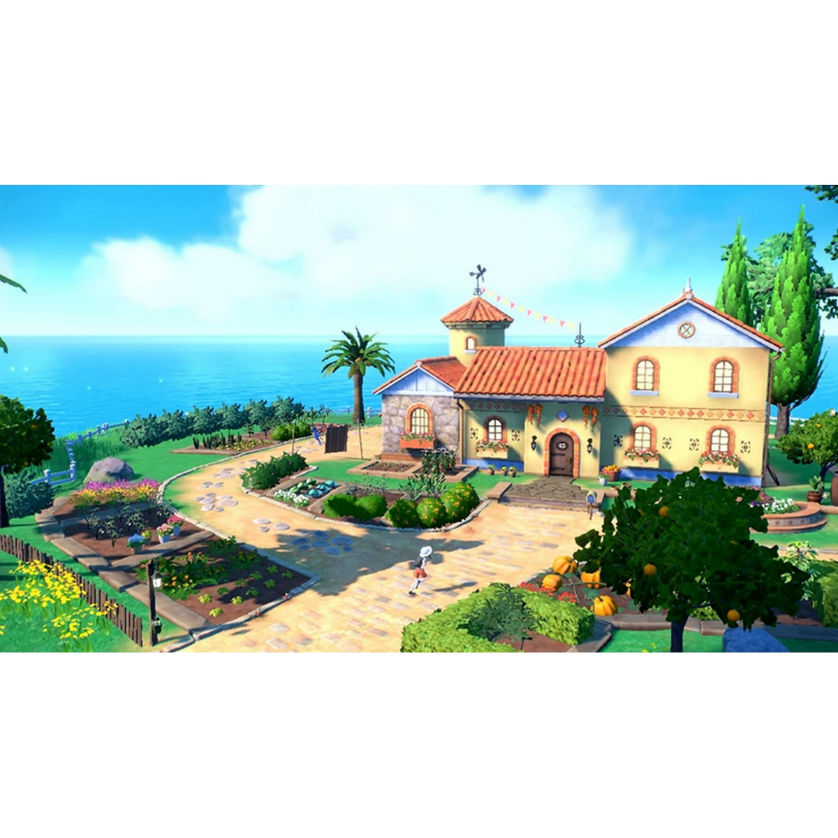 Widok na dom w pobliżu zbiornika wodnego, z ogrodami i palmami.