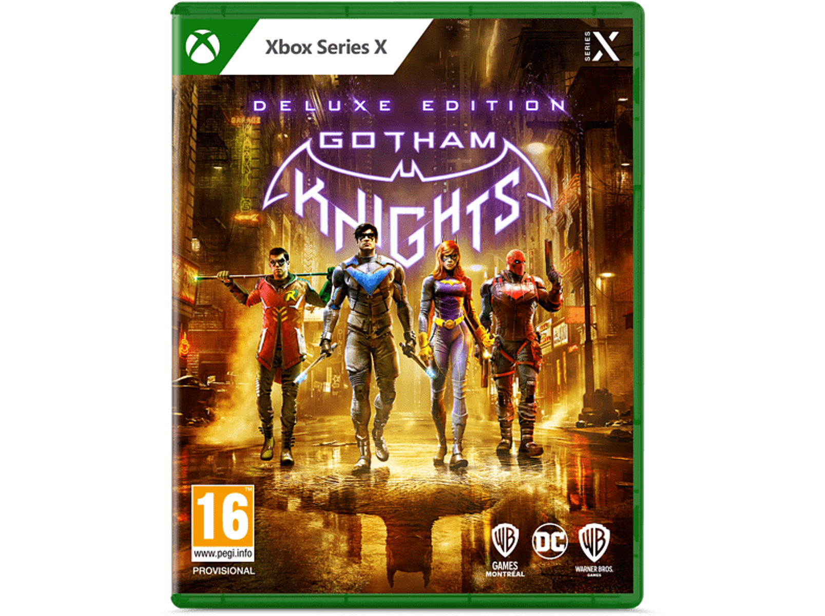 Okładka gry 'Gotham Knights'. Cztery postacie stoją razem w mieście w nocy.
