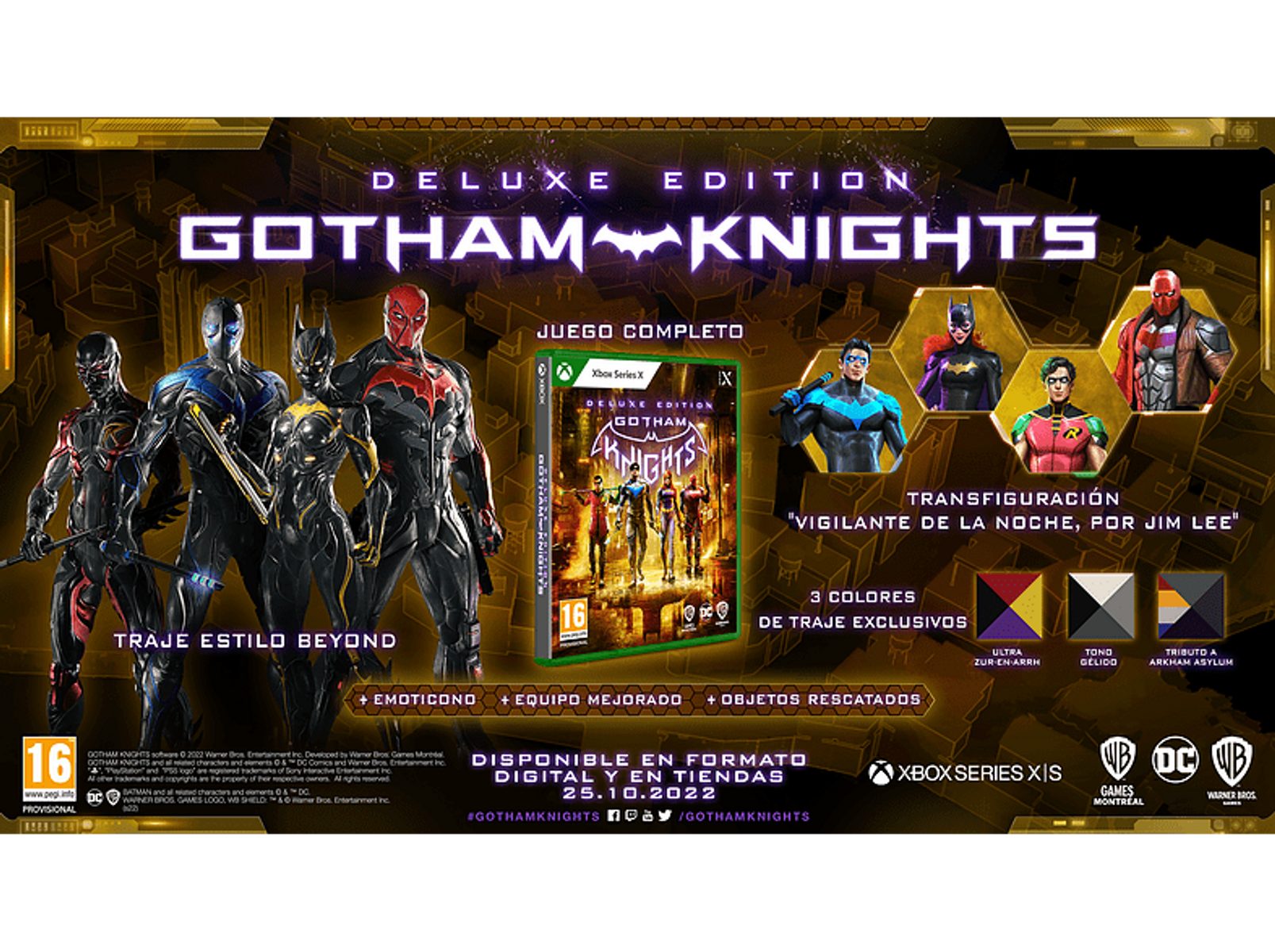 Pudełko z grą Gotham Knights Deluxe Edition z obrazami postaci i logo. Dostępne na XBOX Series X|S.