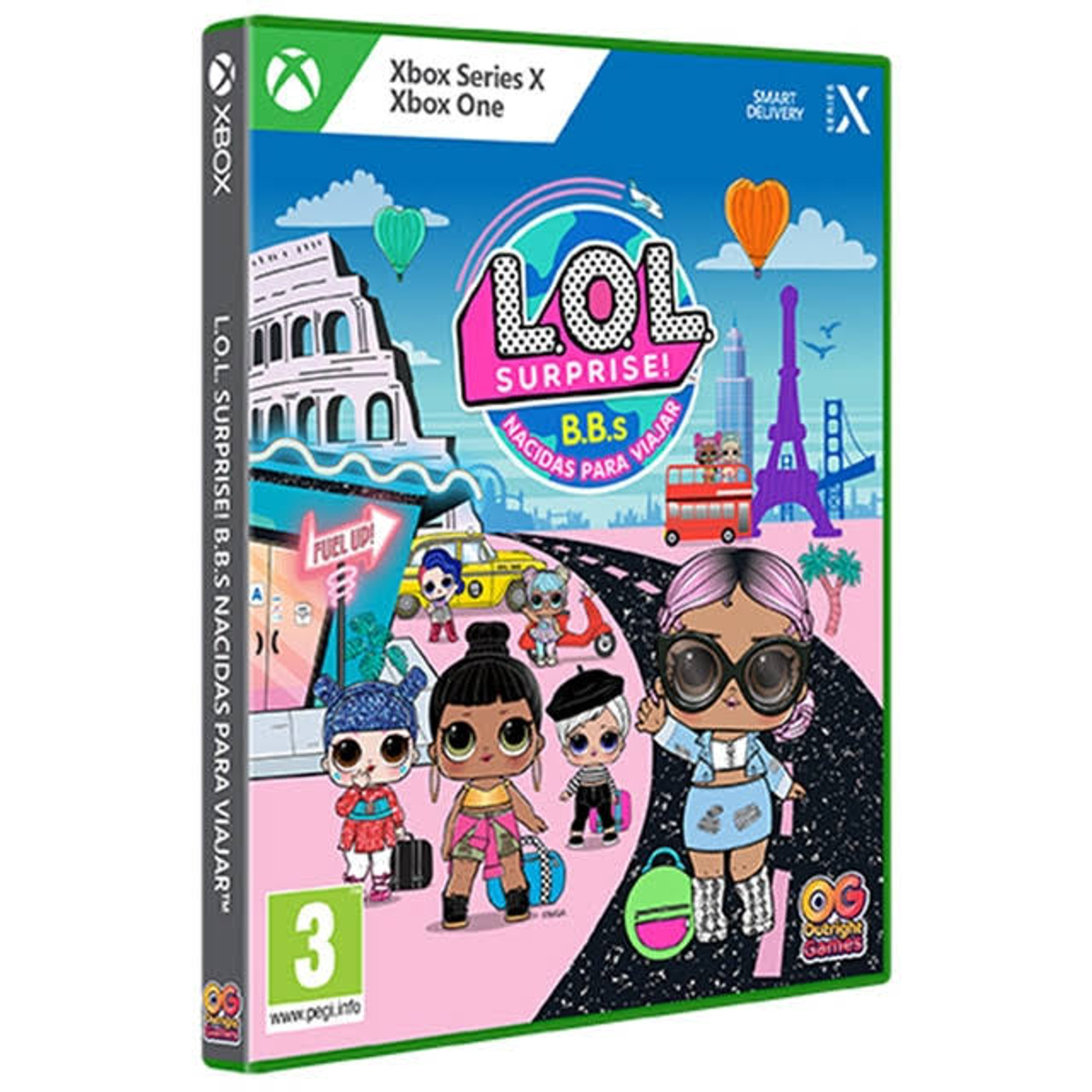Okładka gry na Xbox 'L.O.L. Surprise! B.B.s Born To Travel'. Przedstawia lalki i grafikę miejską.