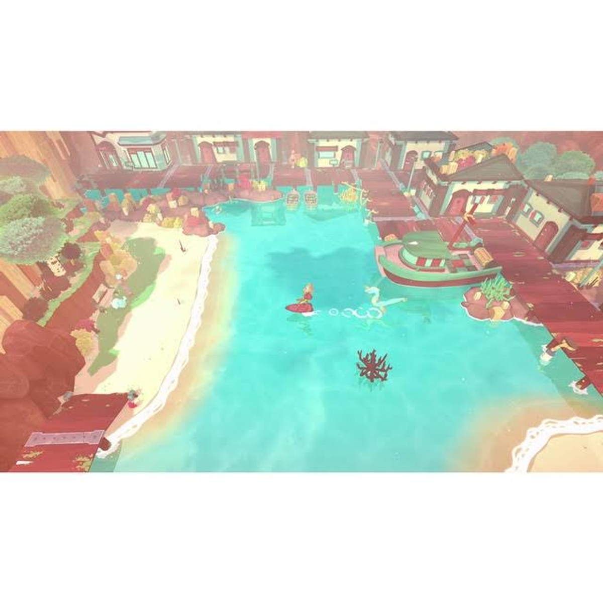 Żywa, kolorowa scena z gry wideo z plażą, budynkami i łodzią na wodzie.