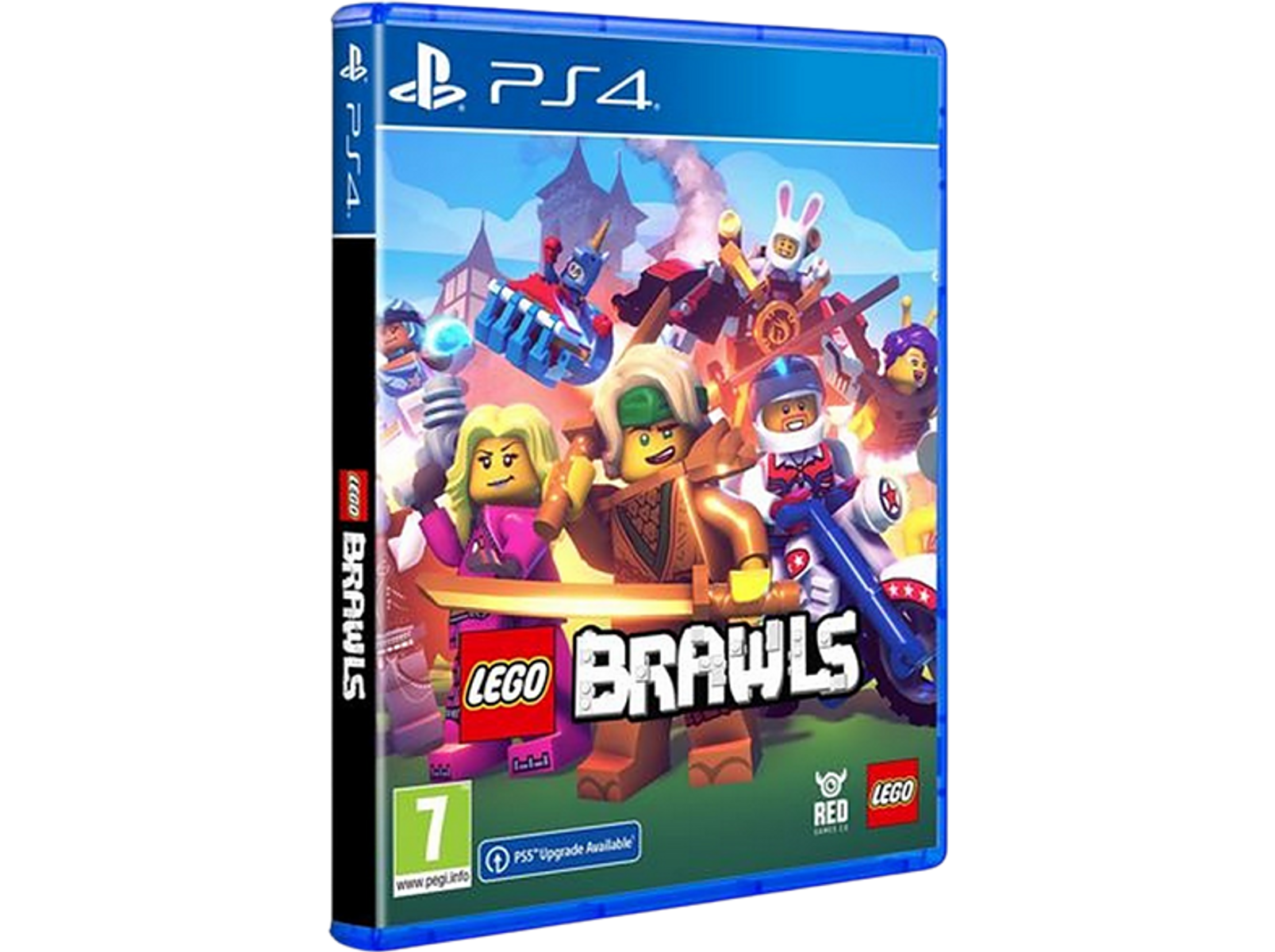 Caja de juego de PS4 de LEGO Brawls. Personajes en la portada. Fondo rojo.