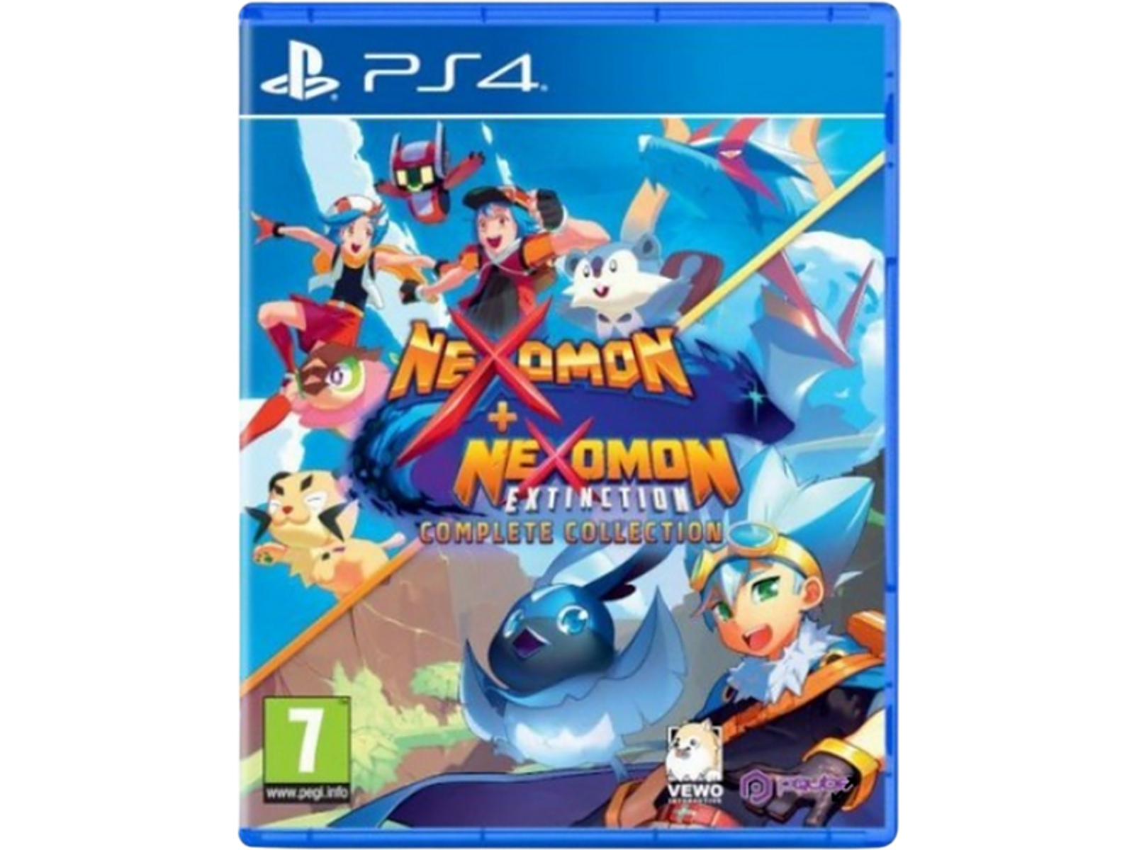 Artwork della confezione di gioco: Personaggi in un ambiente colorato. Titolo: Nexomon + Nexomon: Extinction. Logo PS4 visibile.
