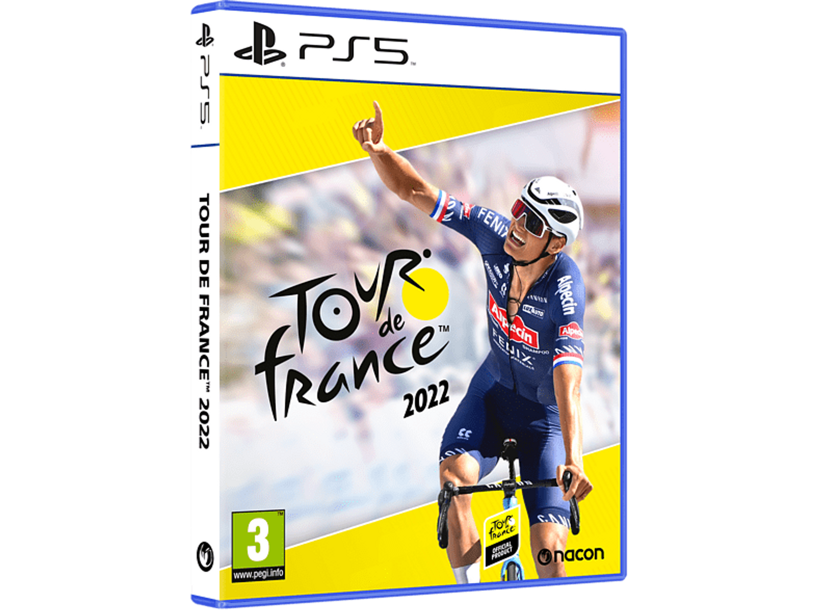 Portada del juego PS5: Tour de France 2022. Presenta a un ciclista celebrando una victoria. Se muestra el logotipo del juego.