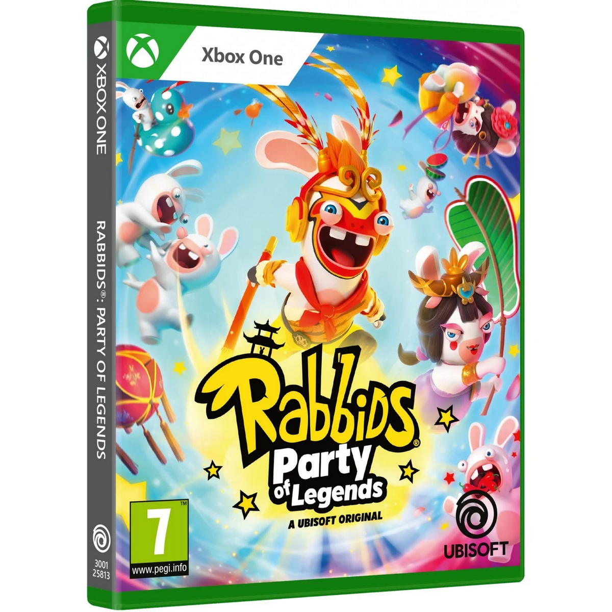 Okładka gry 'Rabbids: Party of Legends' na Xbox One, z postaciami z kreskówek.