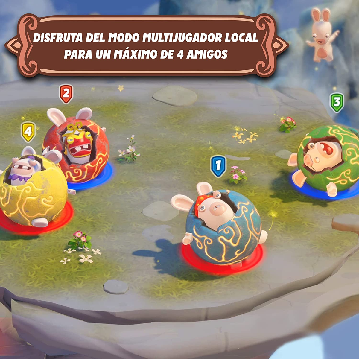 Scena z gry z Rabbids w jajkach. Tekst mówi o trybie wieloosobowym dla 4 znajomych. Zielony, niebieski i żółty.