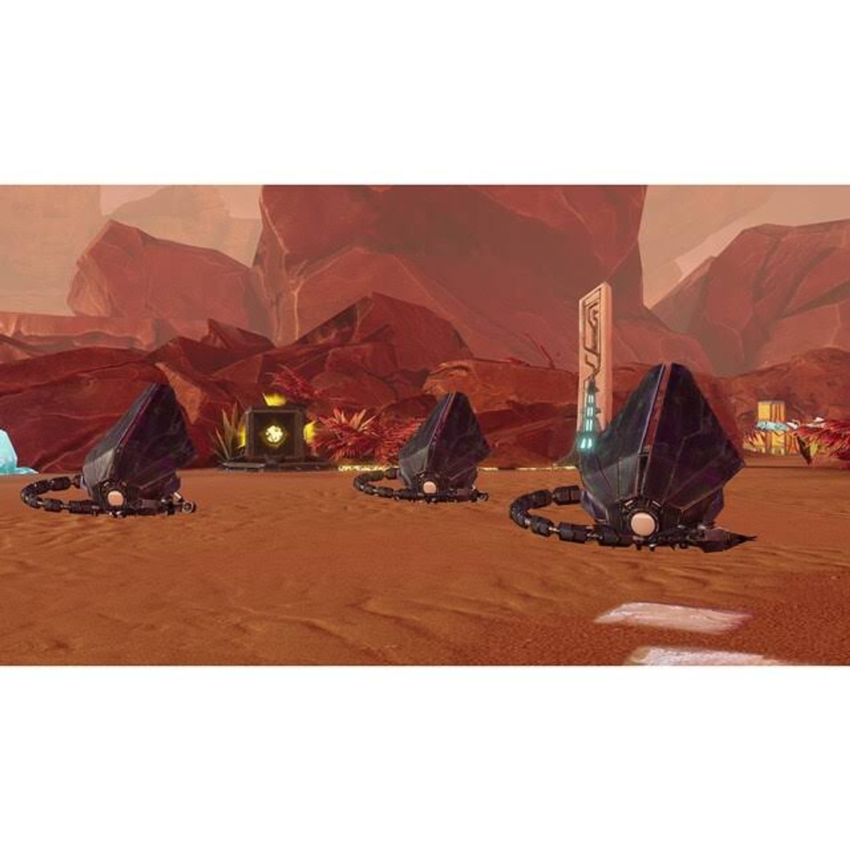 Escena de videojuego en un planeta rojo, con tres objetos negros en forma de esfera y una estructura.