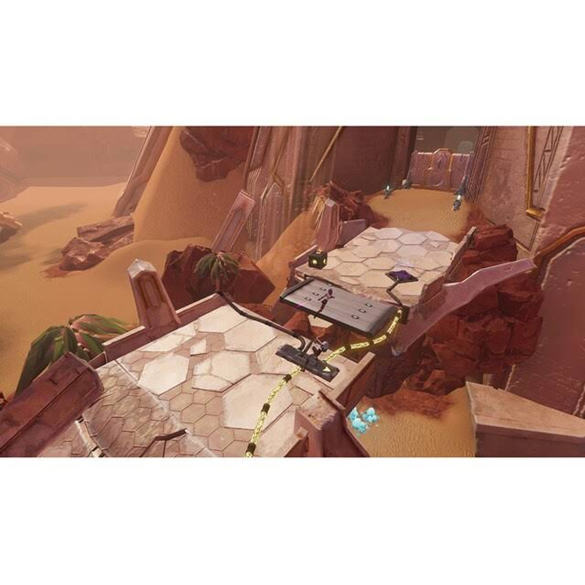 Escena de videojuego: Personaje en un puente en un entorno desértico.