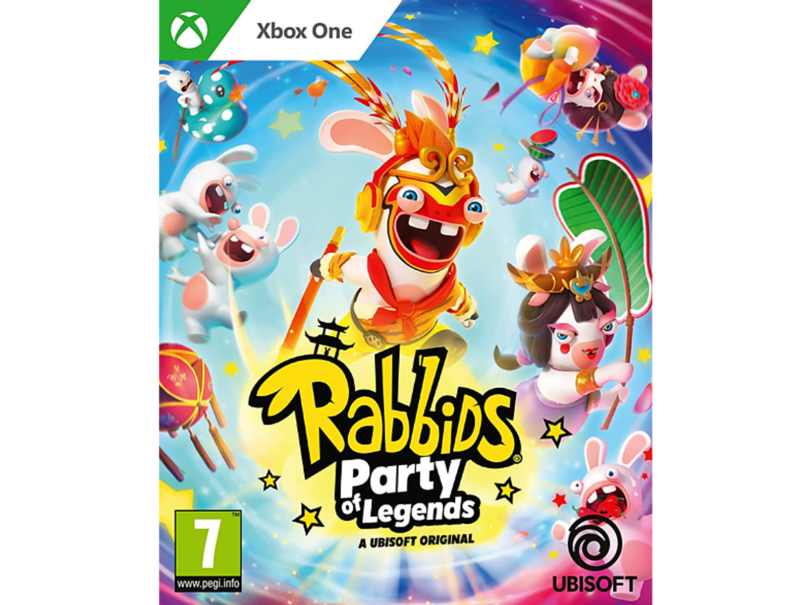 Okładka gry z postaciami Rabbids i tytułem "Rabbids Party of Legends". Białe tło.