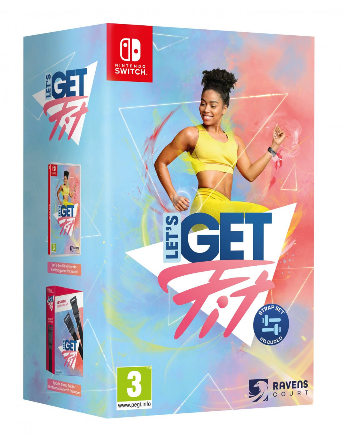 Boîte de jeu Let's Get Fit. Une femme en tenue de sport jaune, avec le jeu et le kit de sangles. Logo Nintendo Switch.