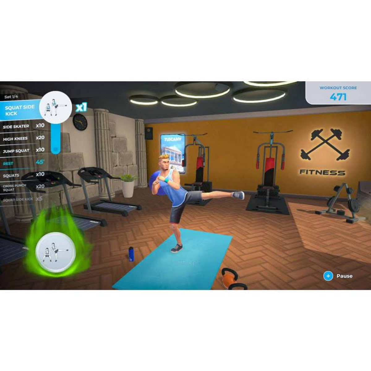 Un homme dans une salle de sport effectue un coup de pied latéral. Des équipements de gym sont à l'arrière-plan.