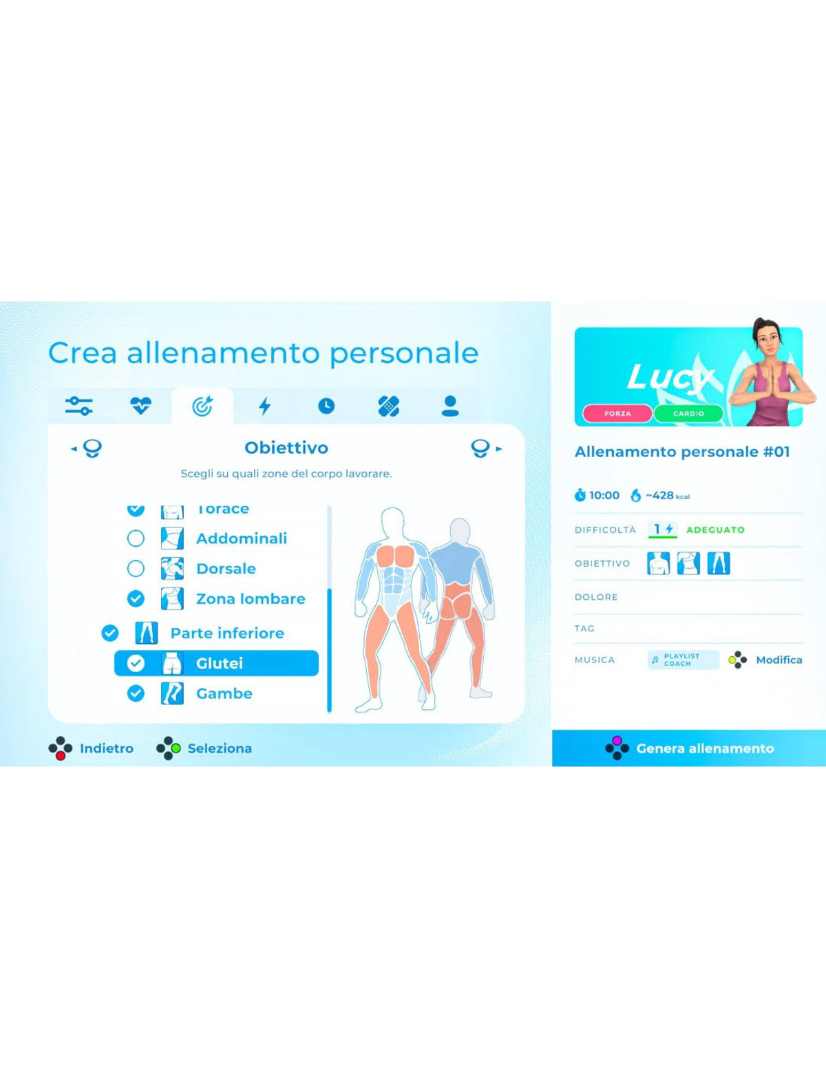 Interface d'application de fitness avec schémas corporels et options d'entraînement. Une femme est à droite.