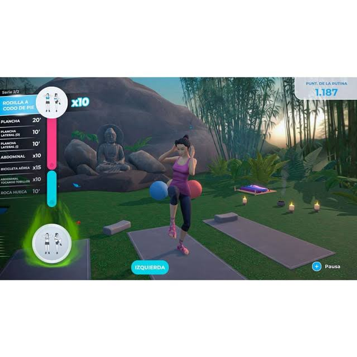 Femme dans une salle de sport, effectuant des exercices. Les informations sur l'exercice sont à gauche.