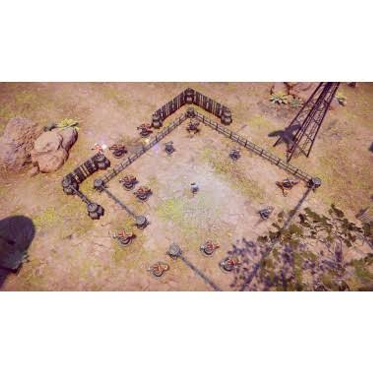 Vista dall'alto di un livello di gioco con una base fortificata e torrette.