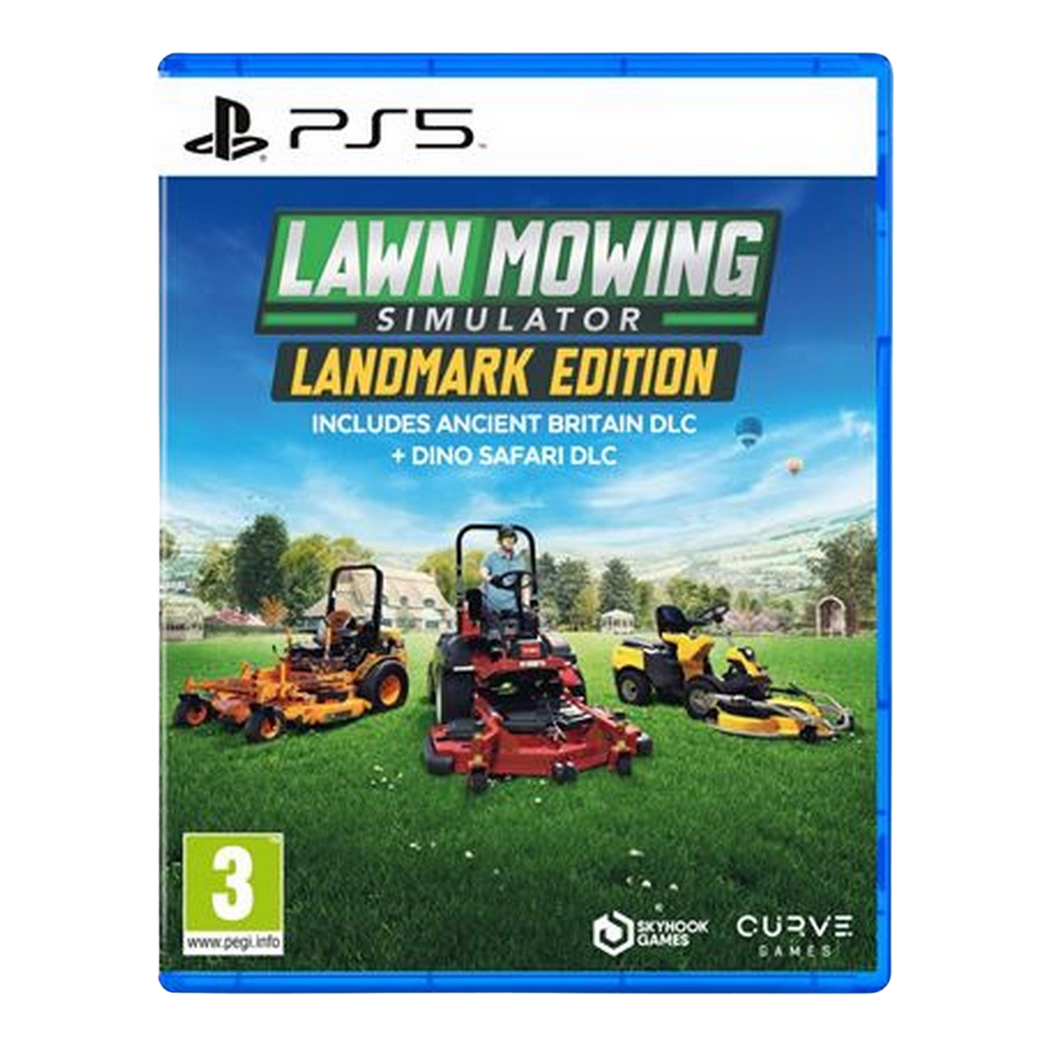 De hoes van het spel Lawn Mowing Simulator toont grasmaaiers op een groen gazon.