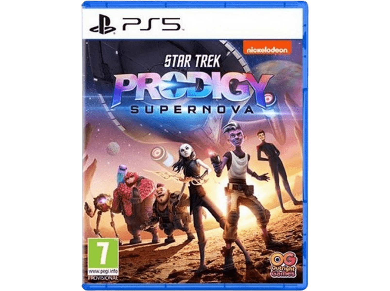 Star Trek Prodigy: Supernova custodia del gioco PS5. Personaggi su un pianeta, astronave sullo sfondo.