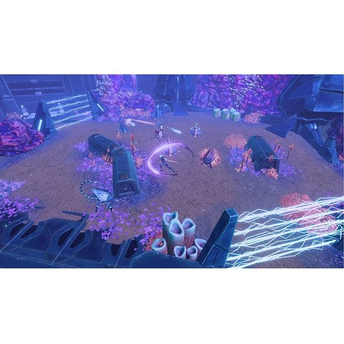 Escena del juego: personajes luchando, flora morada, estructuras futuristas.
