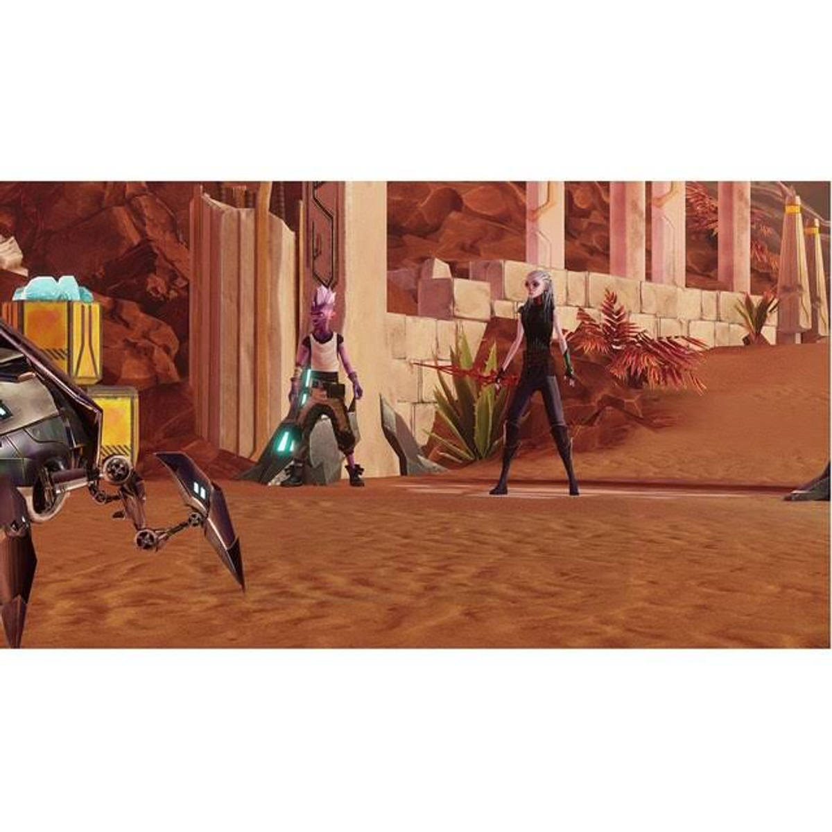 Una escena de juego con dos personajes y un vehículo robótico en un entorno desértico.