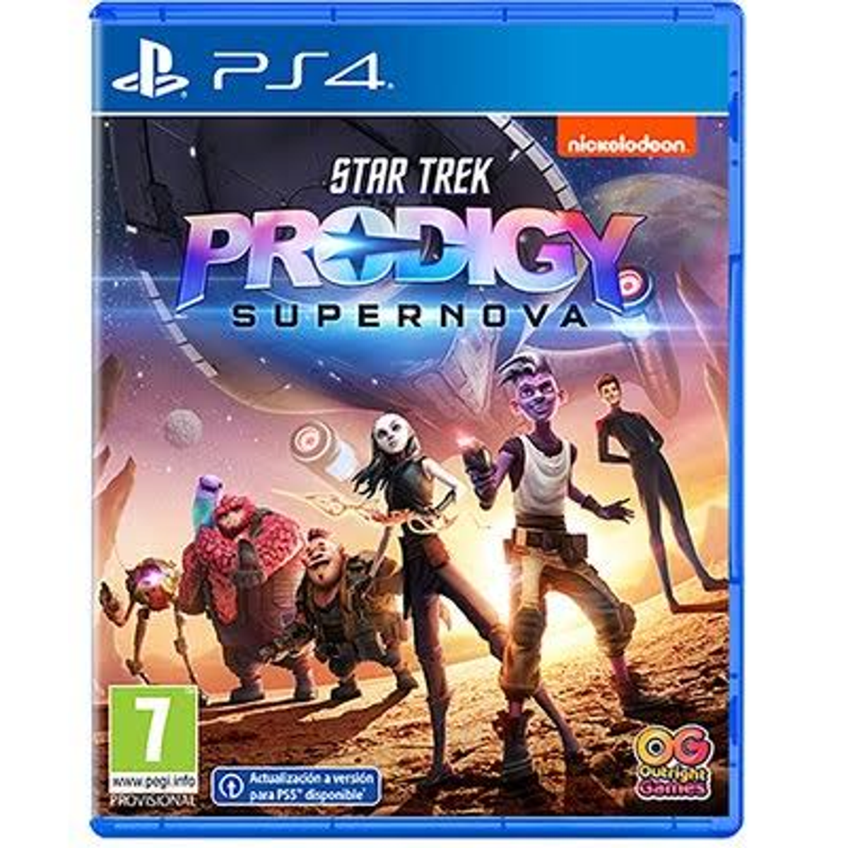 Portada del juego Star Trek Prodigy: Supernova para PS4. Personajes de dibujos animados en el espacio.