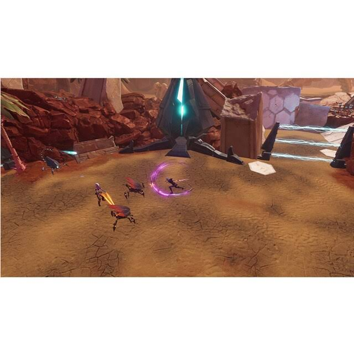 Escena de videojuego con personajes luchando contra robots alienígenas en un entorno de roca roja.