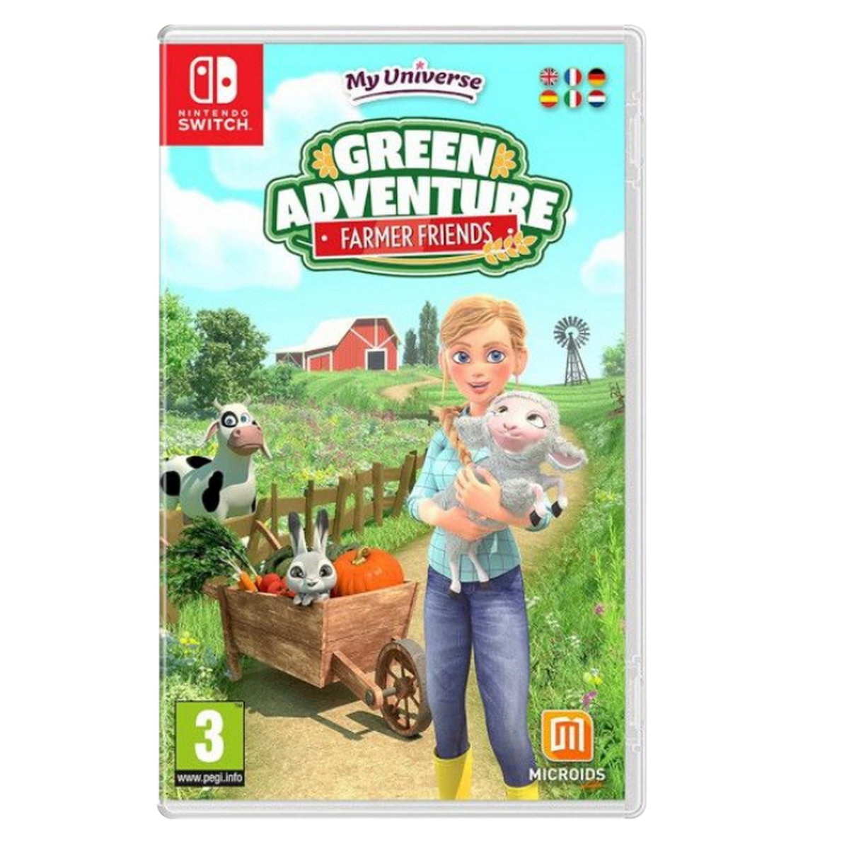 Copertina del gioco 'My Universe: Green Adventure - Farmer Friends'. Ragazza, animali e fattoria.