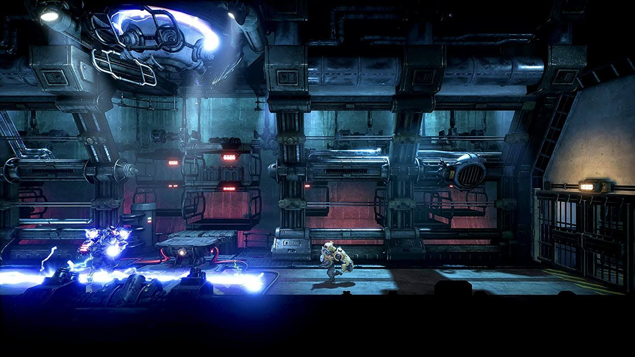 Scena z gry w metalowym pokoju. Postać w pozycji bojowej. Niebieskie iskry, metalowe konstrukcje.