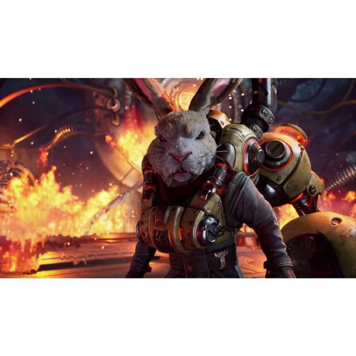 Królik w futurystycznym stroju, stojący blisko ognia.