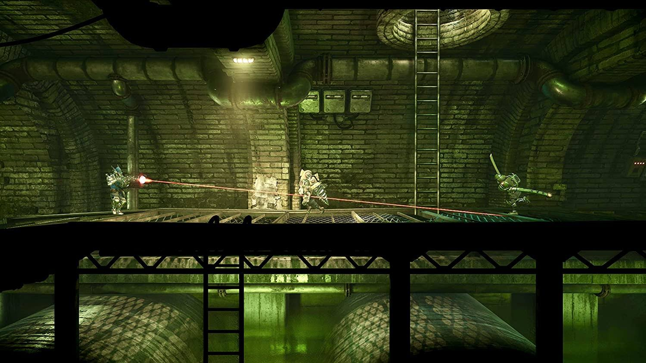 Scena z gry w kanale. Postacie strzelają z broni, czerwone wiązki laserowe, zielona woda.