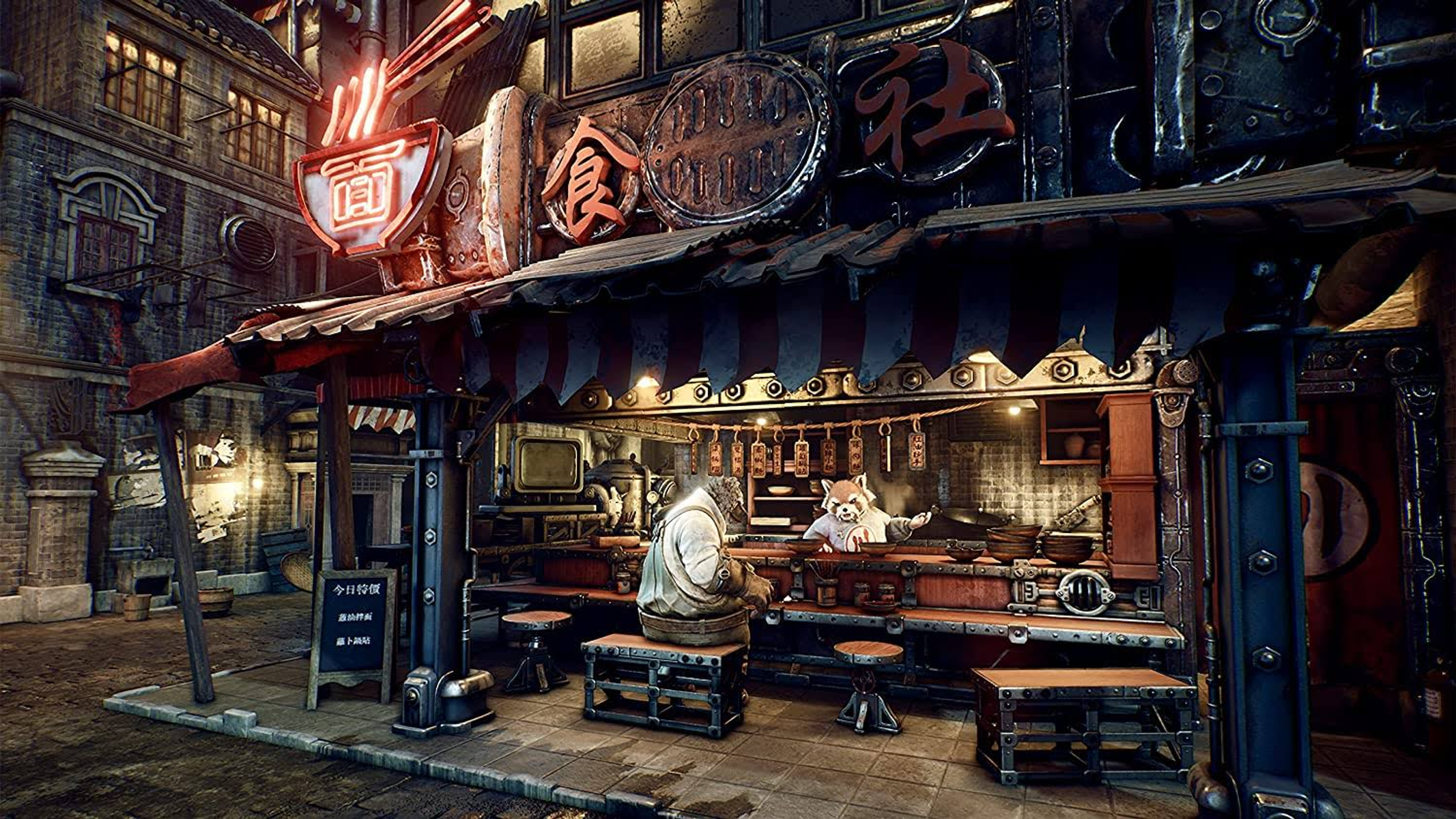 Sklep z neonami. Za ladą stoi postać szopa pracza.